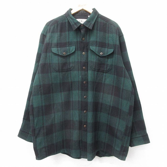 XL★古着 エルエルビーン 長袖 ウール シャツ メンズ 90年代 90s 大きいサイズ ロング丈 USA製 緑他 チェック【spe】 25nov27