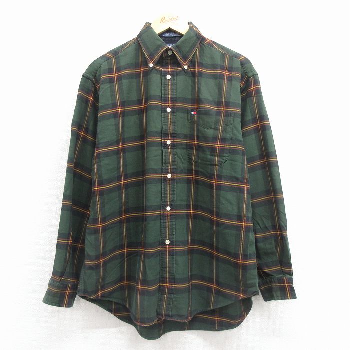 L★古着 トミーヒルフィガー 長袖 ブランド フランネル シャツ メンズ 90年代 90s ワンポイントロゴ コットン ボタンダウン 緑他 チェック 25dec06