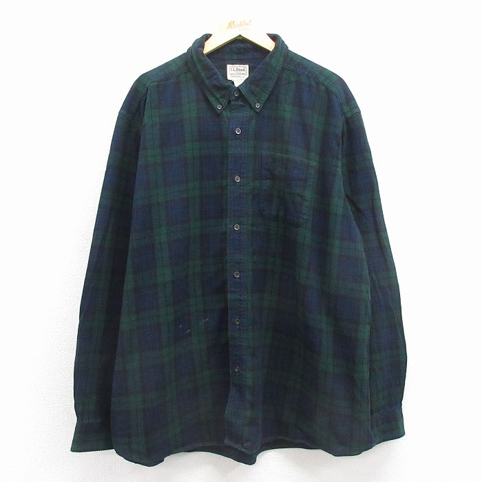 XL★古着 エルエルビーン 長袖 フランネル シャツ メンズ 00年代 00s 大きいサイズ ロング丈 コットン ボタンダウン 緑 タータン チェック ブラックウォッチ 25dec06