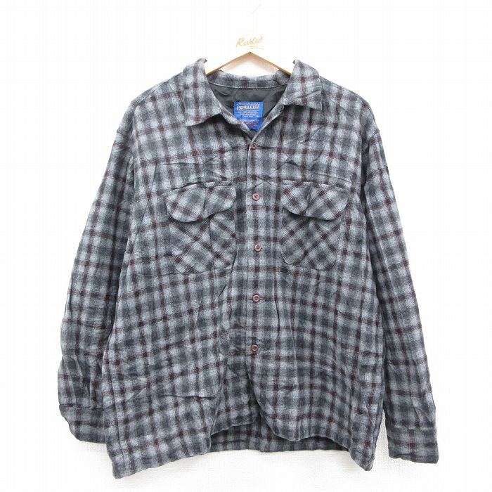 XL★古着 ペンドルトン 長袖 ウール シャツ メンズ 90年代 90s 開襟 オープンカラー グレー他 チェック 25dec08