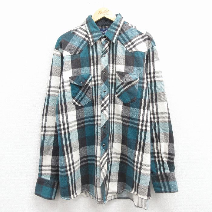XL★古着 ラングラー 長袖 ヘビー フランネル シャツ メンズ 90年代 90s 大きいサイズ ロング丈 青緑他 チェック 25dec08