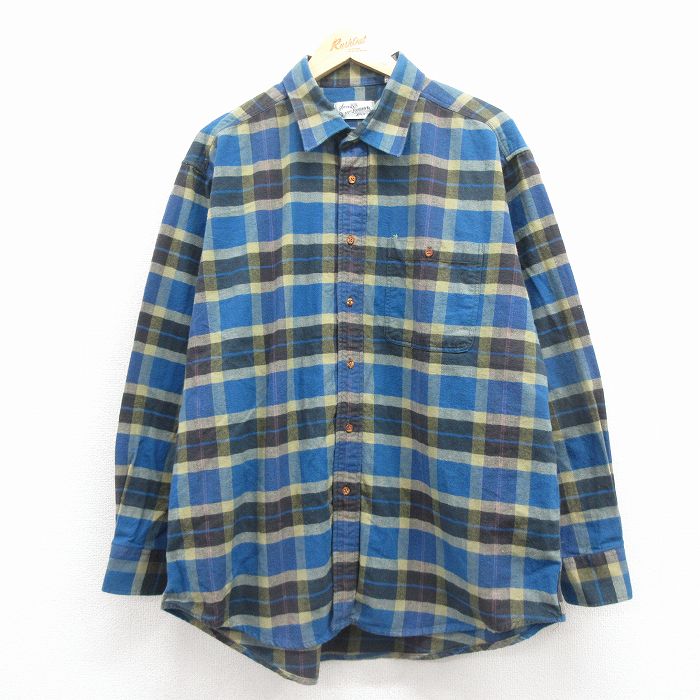XL★古着 シアーズ 長袖 フランネル シャツ メンズ 90年代 90s 大きいサイズ コットン 青 チェック 25dec08