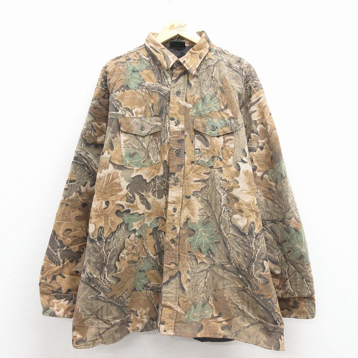 XL★古着 カベラス 長袖 フランネル シャツ メンズ 木葉 大きいサイズ ロング丈 茶 迷彩 内側キルティング 25dec08