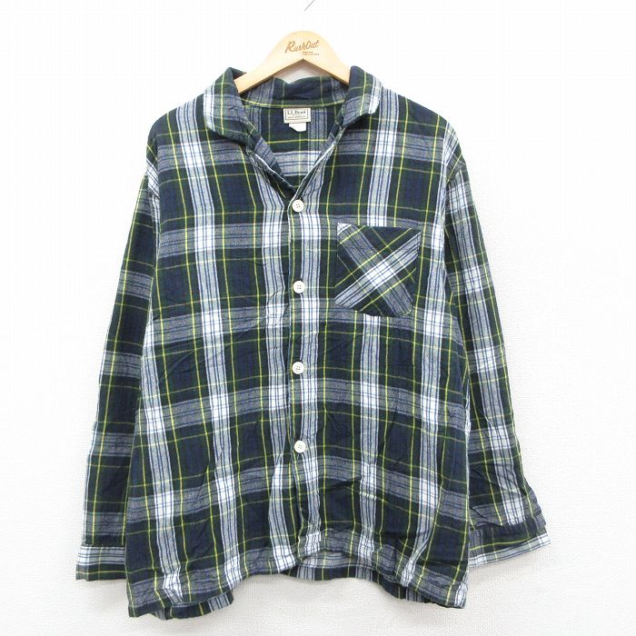 XL★古着 エルエルビーン 長袖 フランネル パジャマ シャツ メンズ 00年代 00s コットン 開襟 オープンカラー 紺他 チェック【spe】 25dec13
