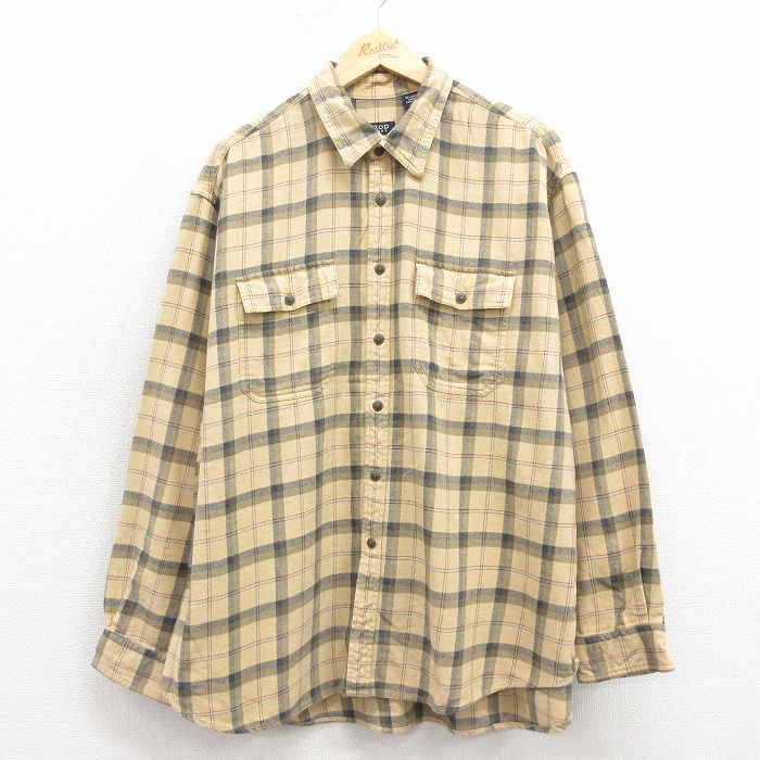 XL★古着 IZOD 長袖 フランネル シャツ メンズ 大きいサイズ コットン ベージュ チェック 25dec15