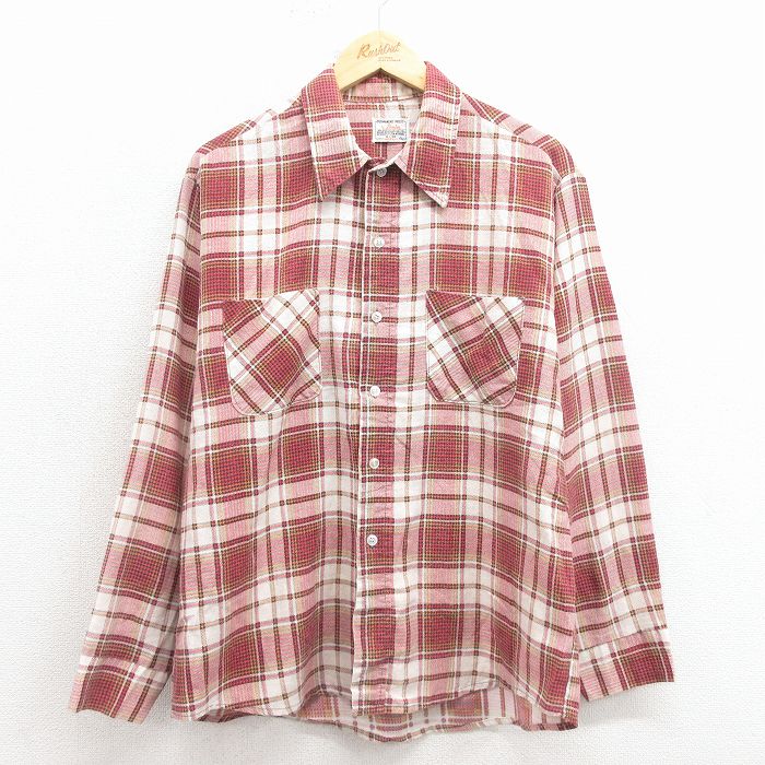 L★古着 長袖 フランネル シャツ メンズ 70年代 70s USA製 赤 チェック 25dec15