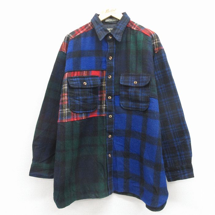 XL★古着 長袖 ウール シャツ メンズ 00年代 00s クレイジーパターン 青他【spe】 25dec15