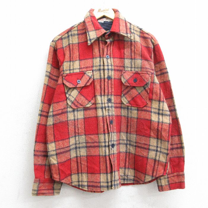 L★古着 長袖 ウール シャツ メンズ 80年代 80s CPO 赤他 チェック 25dec18