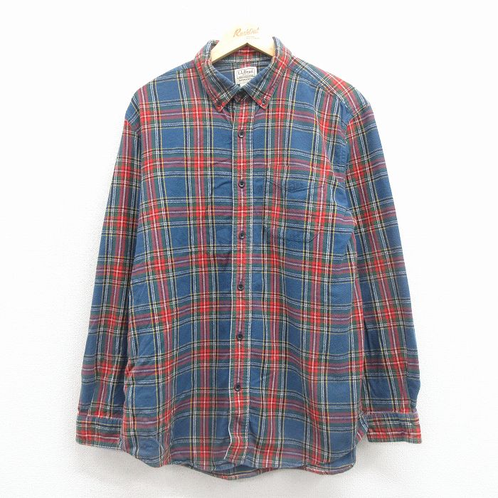 XL★古着 エルエルビーン 長袖 フランネル シャツ メンズ 00年代 00s コットン ボタンダウン 紺他 チェック 25dec24