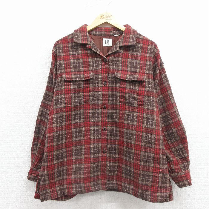 L★古着 ギャップ GAP 長袖 ウール シャツ レディース 00年代 00s 開襟 オープンカラー こげ茶 チェック 26jan07