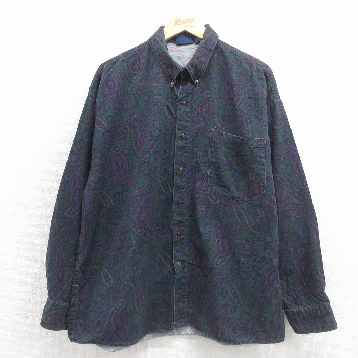 XL★古着 長袖 フランネル シャツ メンズ 00年代 00s ペイズリー柄 コットン ボタンダウン 緑 26jan08