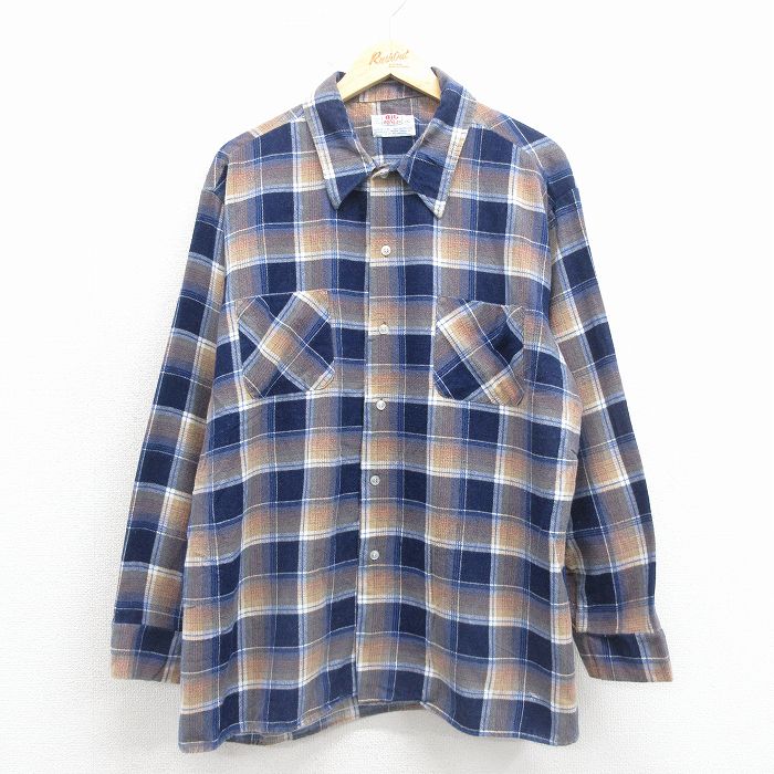 XL★古着 長袖 フランネル シャツ メンズ 80年代 80s 大きいサイズ 濃紺他 チェック 26jan08