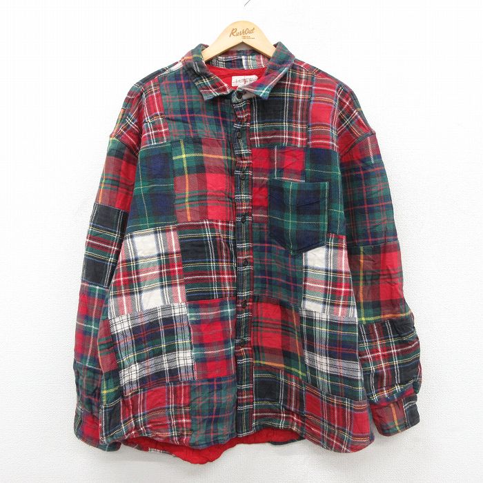 XL★古着 ジェイクルー 長袖 フランネル シャツ メンズ 90年代 90s パッチワーク コットン 緑他 内側キルティング【spe】 26jan09