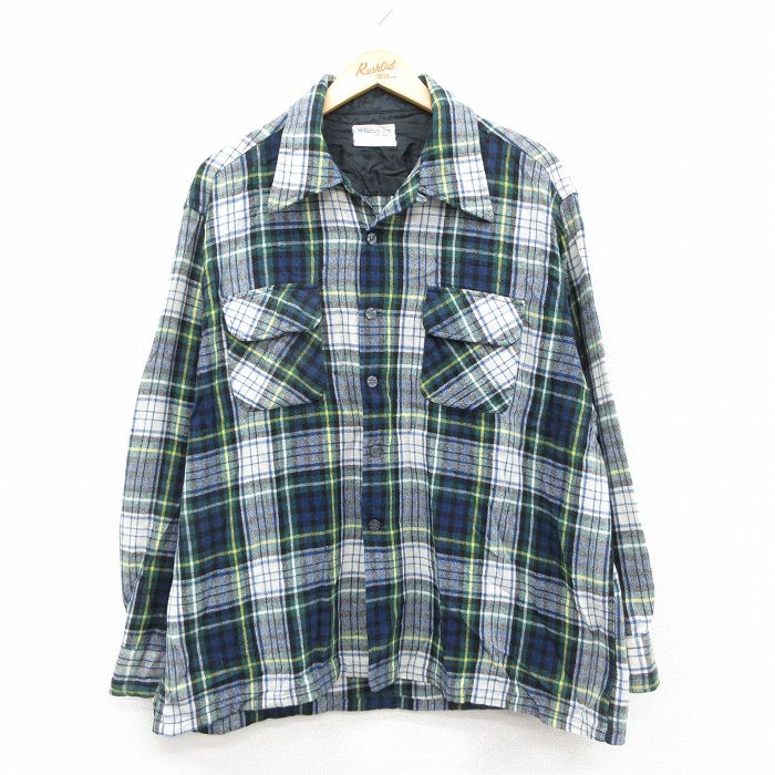 XL★古着 JCペニー 長袖 ビンテージ ウール シャツ メンズ 70年代 70s 大きいサイズ 開襟 オープンカラー 緑他 チェック【spe】 26jan09