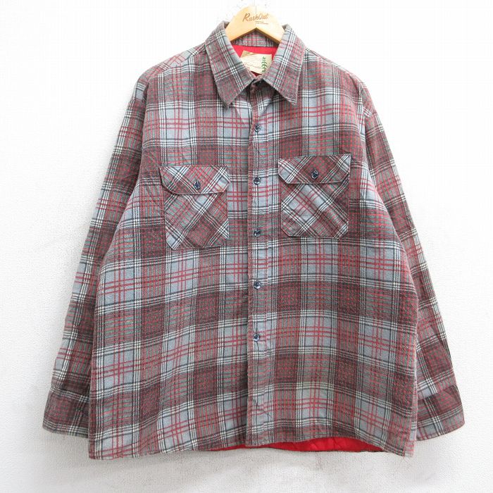 XL★古着 シアーズ 長袖 フランネル シャツ メンズ 80年代 80s 大きいサイズ グレー他 チェック 内側キルティング 26jan13
