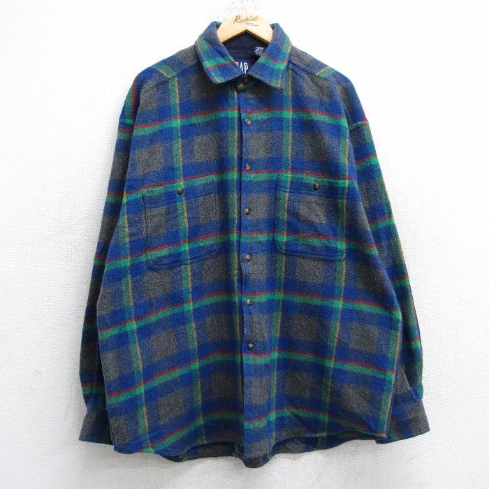 XL★古着 ギャップ GAP 長袖 ウール シャツ メンズ 90年代 90s 大きいサイズ グレー他 チェック【spe】 26jan16