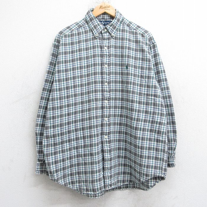 XL★古着 ラルフローレン 長袖 ブランド フランネル シャツ メンズ 90年代 90s ワンポイントロゴ BLAIRE 大きいサイズ コットン ボタンダウン 濃グレー他 チェック 26jan16