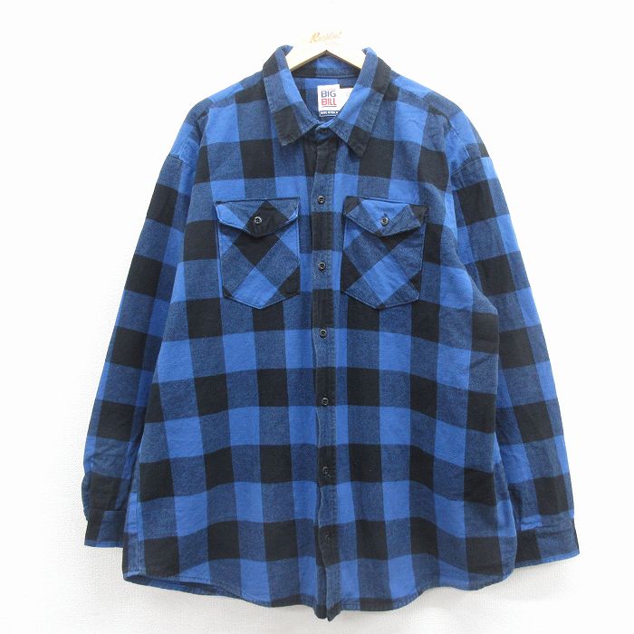 XL★古着 長袖 ヘビー フランネル シャツ メンズ 90年代 90s 大きいサイズ ロング丈 コットン USA製 青 バッファロー チェック【spe】 26jan17