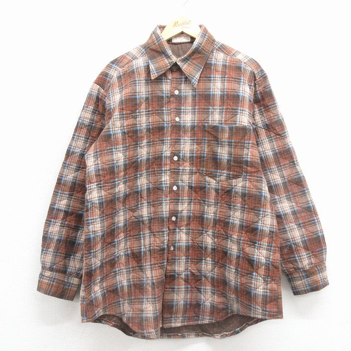 L★古着 長袖 キルティング フランネル シャツ メンズ ロング丈 茶他 チェック 26jan17