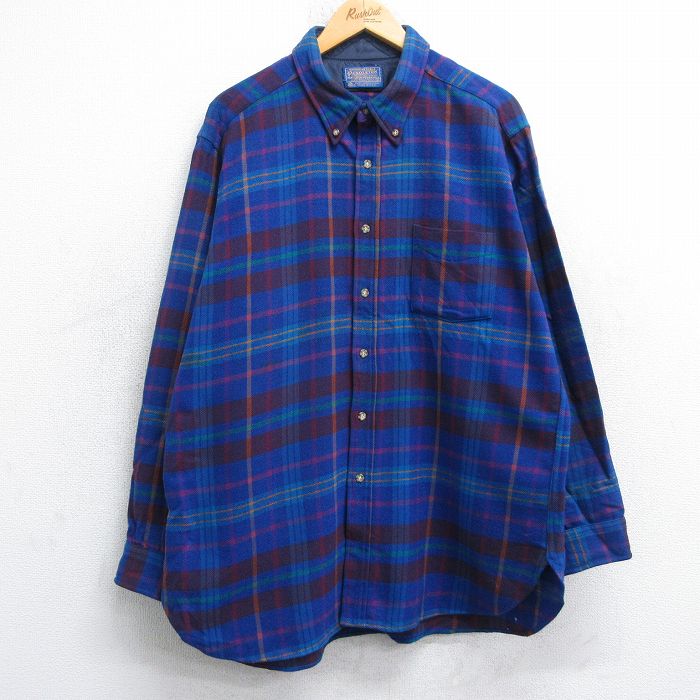 XL★古着 ペンドルトン 長袖 ウール シャツ メンズ 80年代 80s ボタンダウン USA製 青他 チェック 26jan20