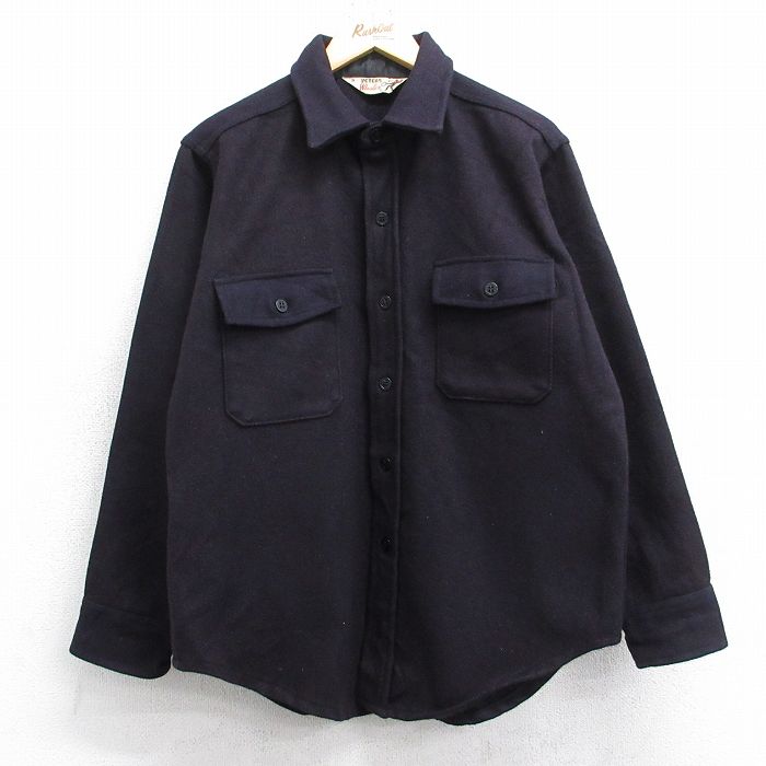 L★古着 長袖 ウール シャツ メンズ 80年代 80s 紺 26jan20
