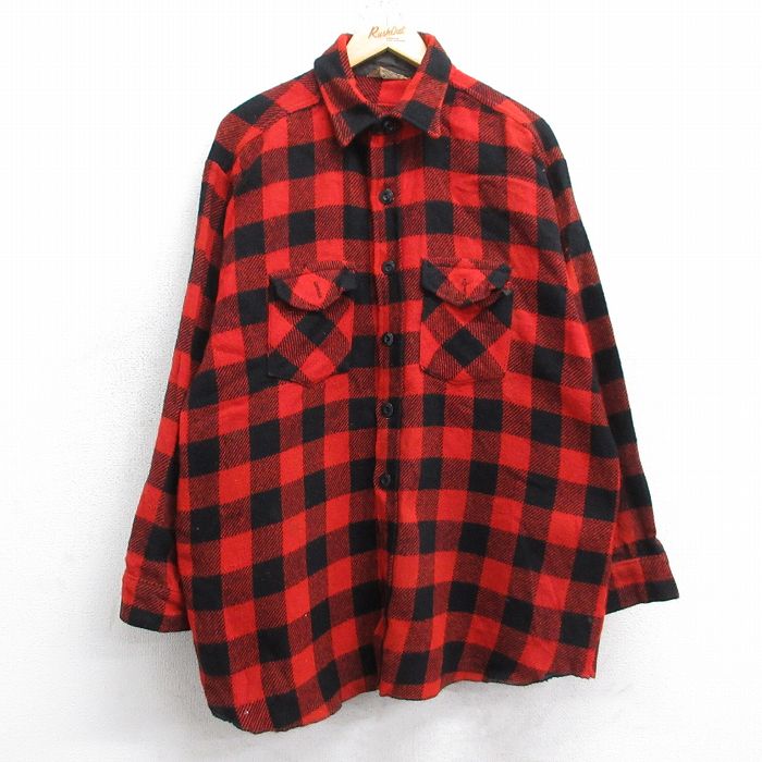 XL★古着 長袖 ウール シャツ メンズ 80年代 80s ロング丈 赤他 バッファロー チェック 26jan20