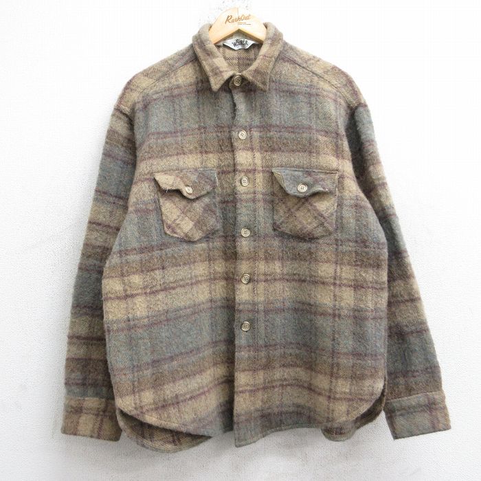 L★古着 ウールリッチ 長袖 ウール シャツ メンズ 80年代 80s USA製 ベージュ他 チェック 26jan20