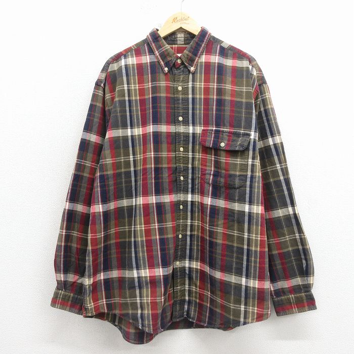XL★古着 エディーバウアー 長袖 フランネル シャツ メンズ 00年代 00s 大きいサイズ ロング丈 コットン ボタンダウン 緑系他 チェック 26feb02
