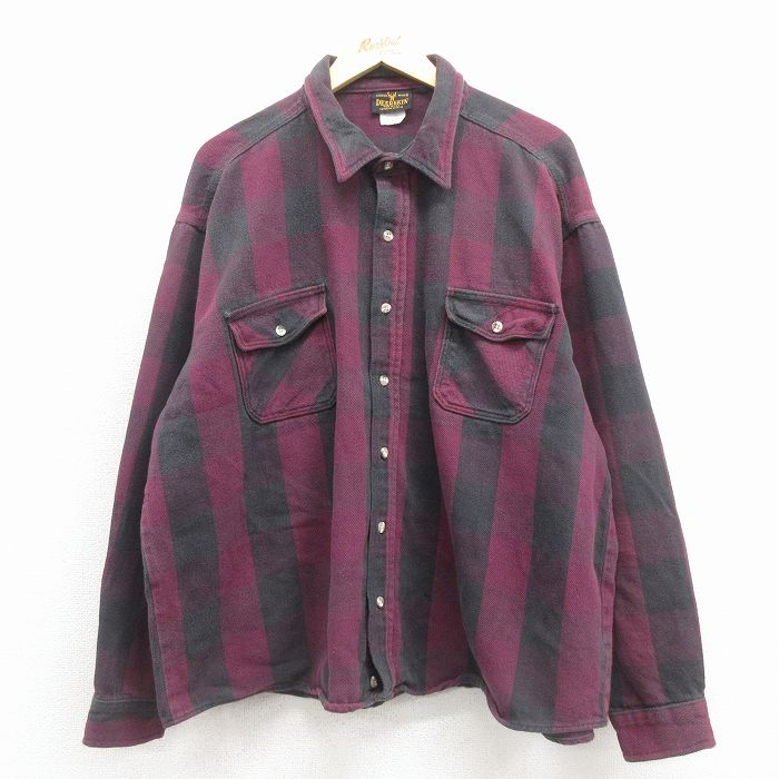 XL★古着 長袖 ヘビー フランネル シャツ メンズ 90年代 90s 大きいサイズ コットン USA製 エンジ他 ストライプ 26feb02