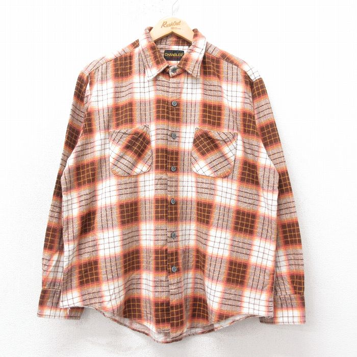 XL★古着 長袖 フランネル シャツ メンズ 80年代 80s コットン 濃ベージュ チェック 26feb04