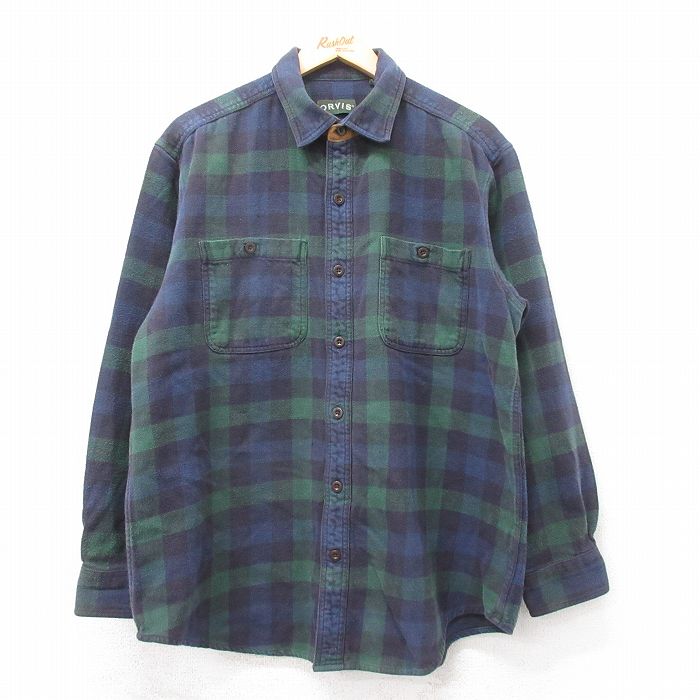 XL★古着 オービス 長袖 ヘビー フランネル シャツ コットン 濃紺他 チェック 26feb04