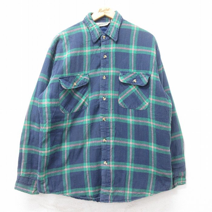 XL★古着 セントジョンズベイ 長袖 フランネル シャツ メンズ 90年代 90s 濃紺他 チェック 26feb04
