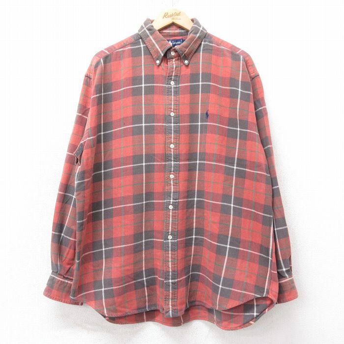 XL★古着 ラルフローレン 長袖 ブランド ヘビー フランネル シャツ 90年代 90s ワンポイントロゴ BLAIRE 大きいサイズ コットン ボタンダウン 茶系他 チェック【spe】 26feb04