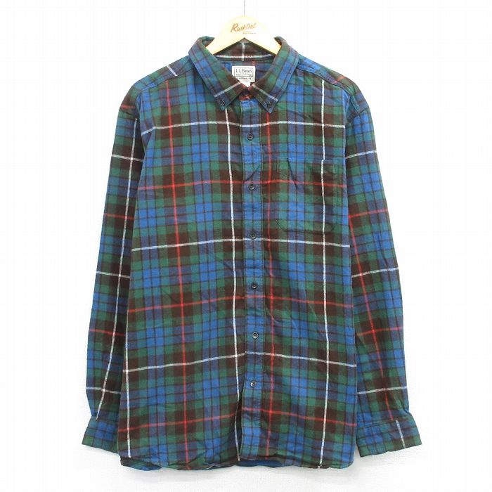 XL★古着 エルエルビーン 長袖 フランネル シャツ メンズ 00年代 00s 大きいサイズ ロング丈 コットン ボタンダウン 緑他 チェック 26feb04