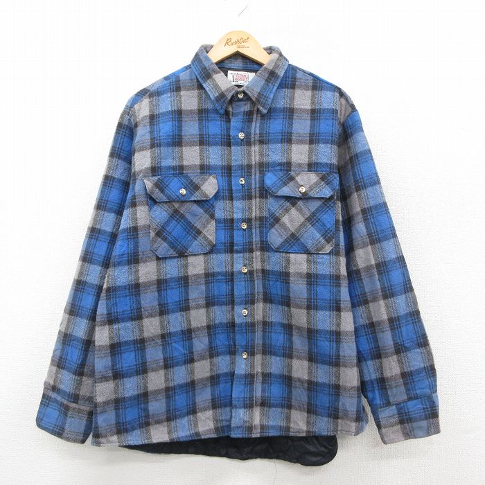 XL★古着 長袖 フランネル シャツ メンズ 90年代 90s 大きいサイズ コットン USA製 紺他 チェック 内側キルティング【spe】 26feb12