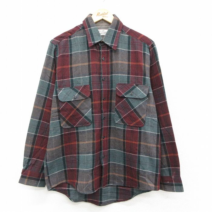 L★古着 シアーズ 長袖 ウール シャツ メンズ 90年代 90s エンジ系他 チェック 26feb12