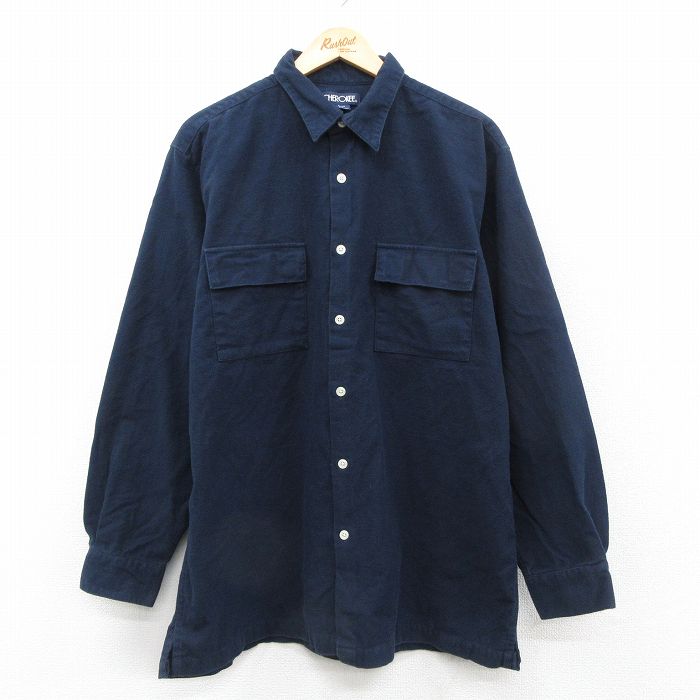 XL★古着 チェロキー 長袖 フランネル シャツ メンズ 00年代 00s ロング丈 コットン 紺 26feb17