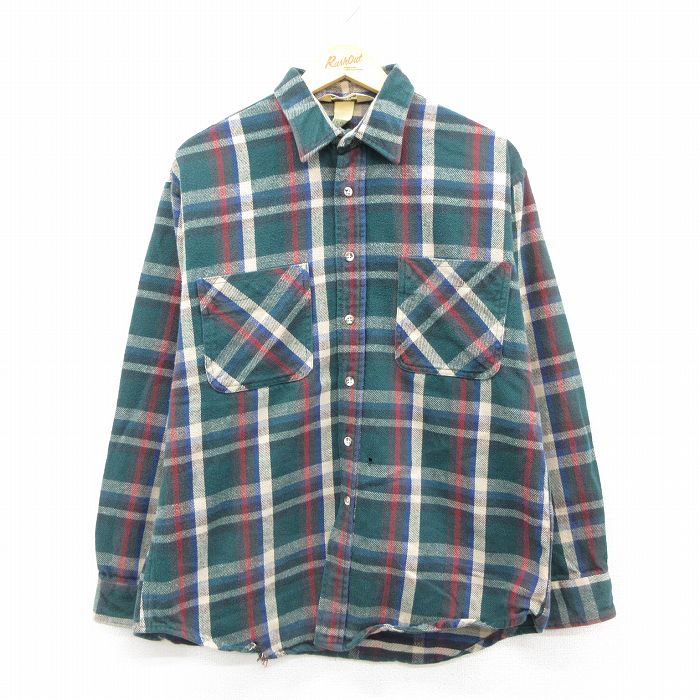 XL★古着 セントジョンズベイ 長袖 ヘビー フランネル シャツ メンズ 90年代 90s コットン USA製 緑他 チェック 26feb17