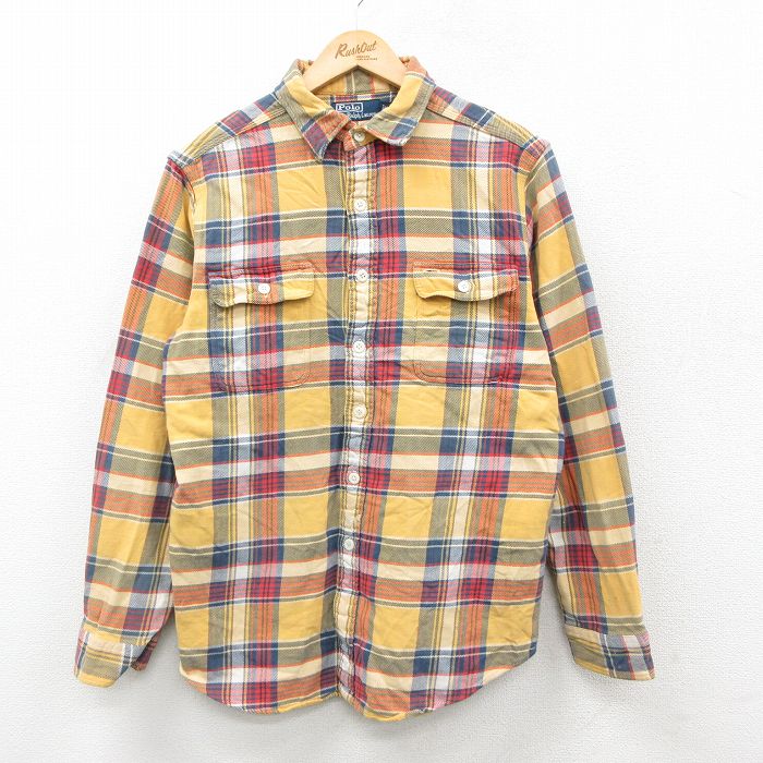 L★古着 ラルフローレン 長袖 ブランド フランネル シャツ メンズ 90年代 90s 黄他 チェック 26feb21