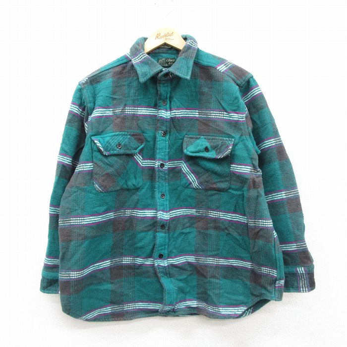 XL★古着 長袖 ヘビー フランネル シャツ メンズ 00年代 00s コットン 緑他 チェック 26feb21