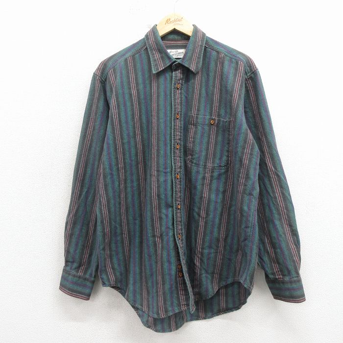 XL★古着 シアーズ 長袖 フランネル シャツ メンズ 90年代 90s コットン 緑他 ストライプ 26mar03