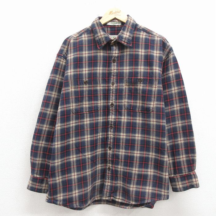 XL★古着 オービス 長袖 フランネル シャツ メンズ コットン 紺他 チェック 26mar03