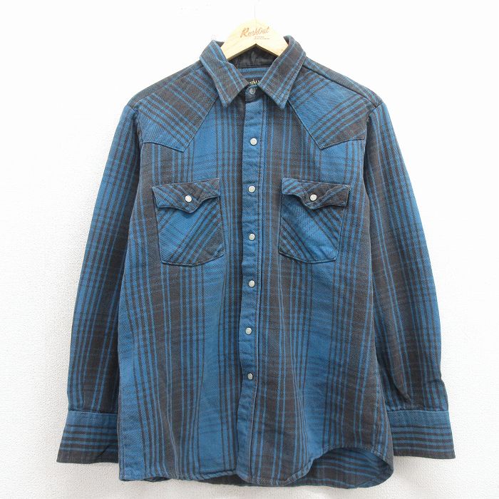 L★古着 キー 長袖 ウエスタン フランネル シャツ メンズ 90年代 90s コットン USA製 青 チェック【spe】 26mar03