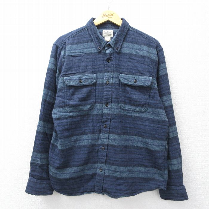 XL★古着 エルエルビーン 長袖 フランネル シャツ メンズ 00年代 00s コットン ボタンダウン 紺他 ボーダー【spe】 26mar07