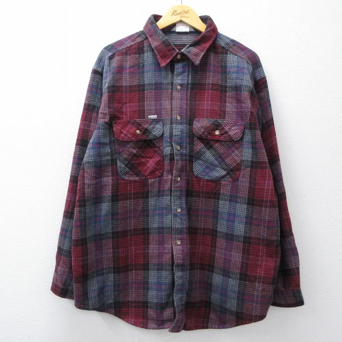 XL★古着 カーハート 長袖 ヘビー フランネル シャツ メンズ 80年代 80s 大きいサイズ ロング丈 USA製 エンジ他 チェック【spe】 26mar07