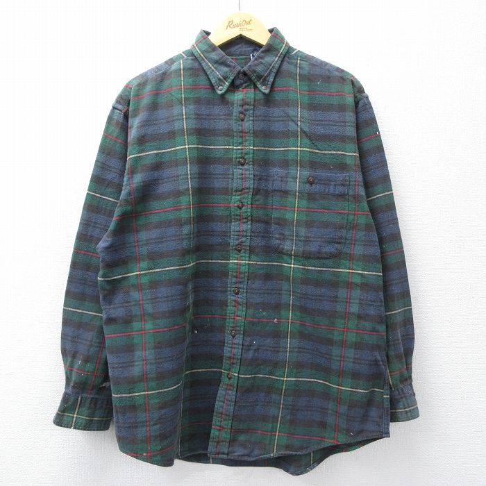 ランズエンド 90s 長袖フランネルシャツ グリーンチェック XL | 古着
