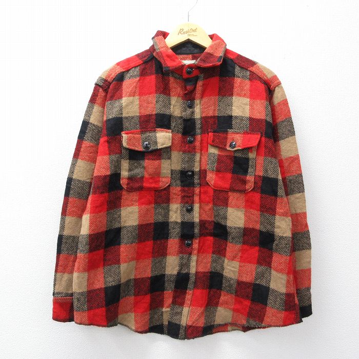 XL★古着 メルトン MELTON 長袖 ビンテージ ウール シャツ メンズ 70年代 70s 赤他 チェック【spe】 26mar14