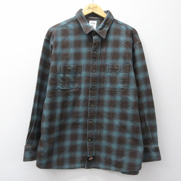 XL★古着 ディッキーズ 長袖 ヘビー フランネル シャツ メンズ 青緑他 オンブレ チェック 26mar14