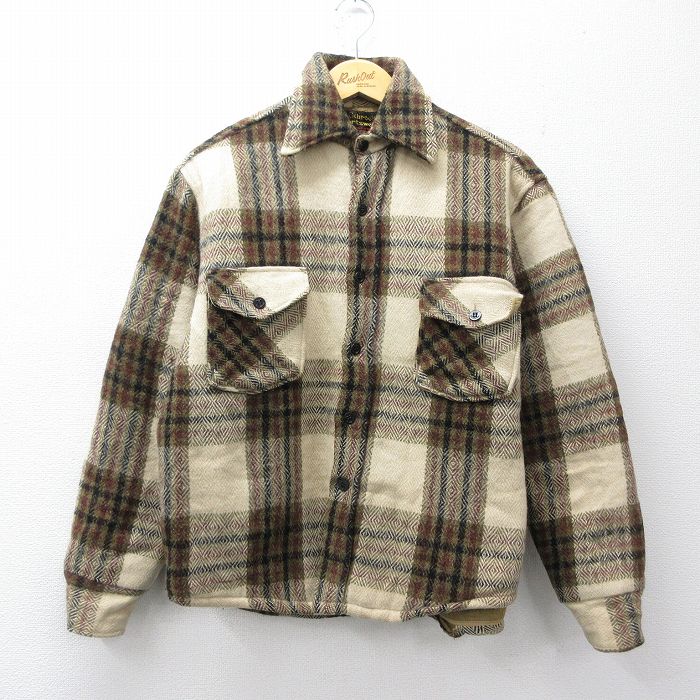 L★古着 シアーズ 長袖 ビンテージ ウール シャツ メンズ 70年代 70s CPO 薄ベージュ他 チェック 内側ボア 26mar14