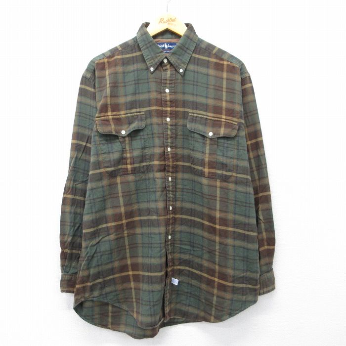 XL★古着 ラルフローレン 長袖 ブランド フランネル シャツ メンズ 90年代 90s 大きいサイズ ロング丈 コットン ボタンダウン 茶他 チェック【spe】 26mar19